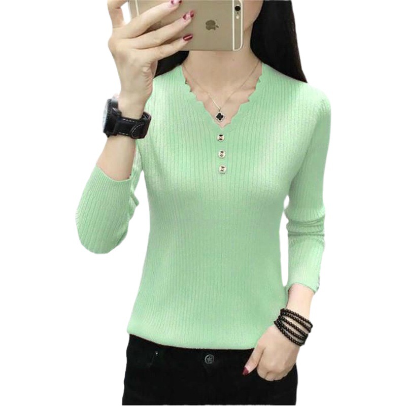 2023 New Spring and Autumn Long Sleeve T-shirt Women's Loose Korean Button Pullover V-Neck Top Knitted Base Shirt Sweater