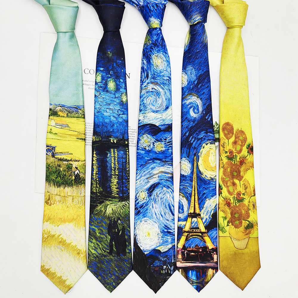 Van Gogh Oil Painting Men's Polyester Printed Vintage Tie Factory in stock Fashion Casual Tie Hand Tie 8cm