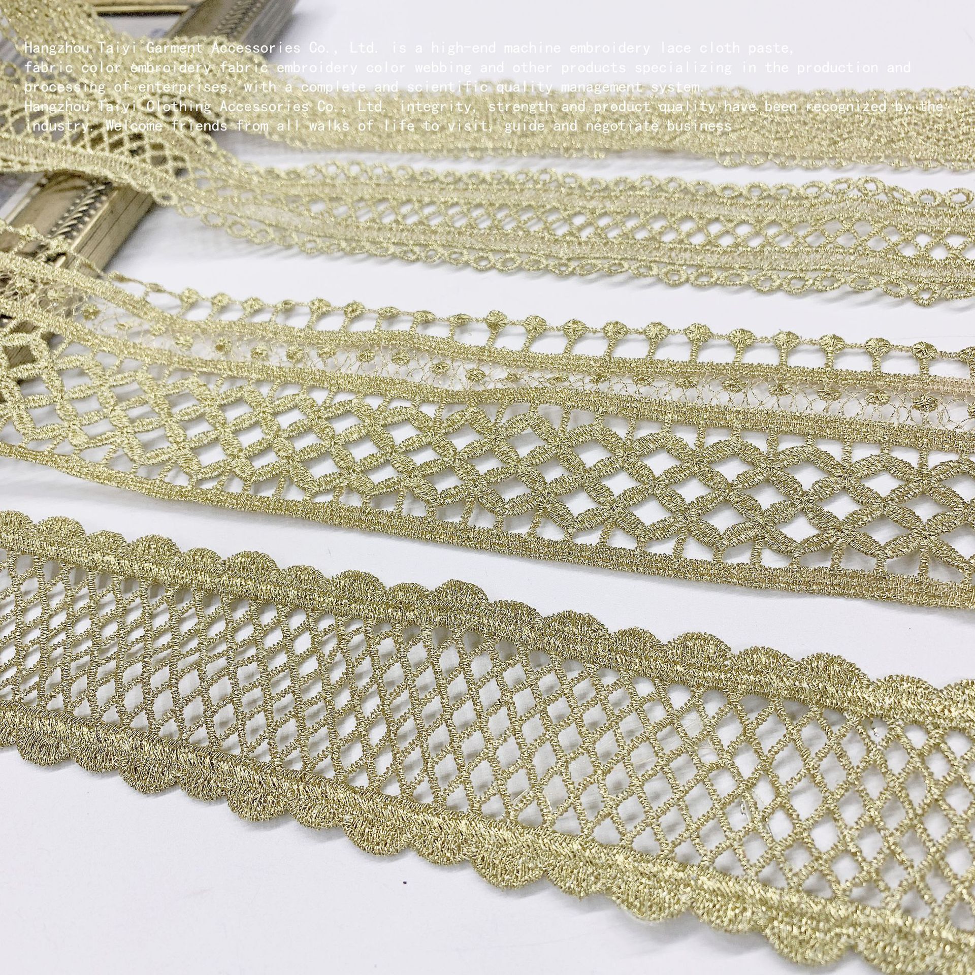 Gold thread quality polyester lace embroidery barcode DIY clothing embroidery accessories golden barcode lace