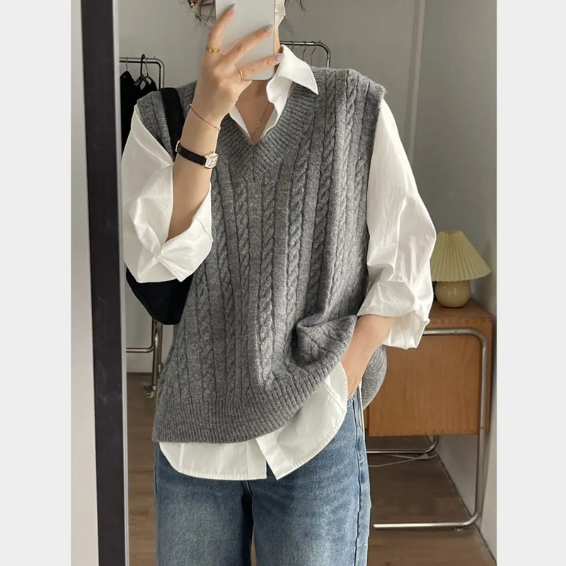 Picture of 2024 Spring and Autumn New V-Neck Twist Women's Knitted Vest Stacked with Sweater Vest Waistcoat Fashionable Top