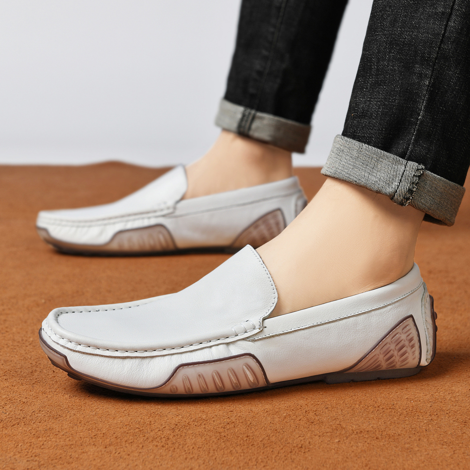 Picture of Cross-Border Large Size Men's Shoes Genuine Leather Beanie Shoes Summer Trend Breathable Casual Leather Shoes Korean Style Slip-On Driving Trendy Shoes