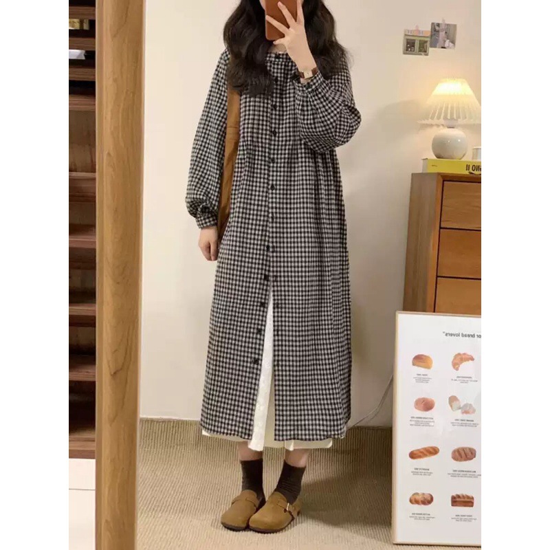 Autumn 2024 New Artistic Loose plus size Women's Wear Lazy Style Cotton and Linen Plaid Long Sleeve Shirt dress