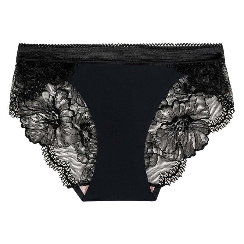 Sexy Ice Silk Traceless European and American-style Stitching Hollow Lace Underwear Women's Mid-waist Cotton Crotch Breathable Invisible Briefs for Women