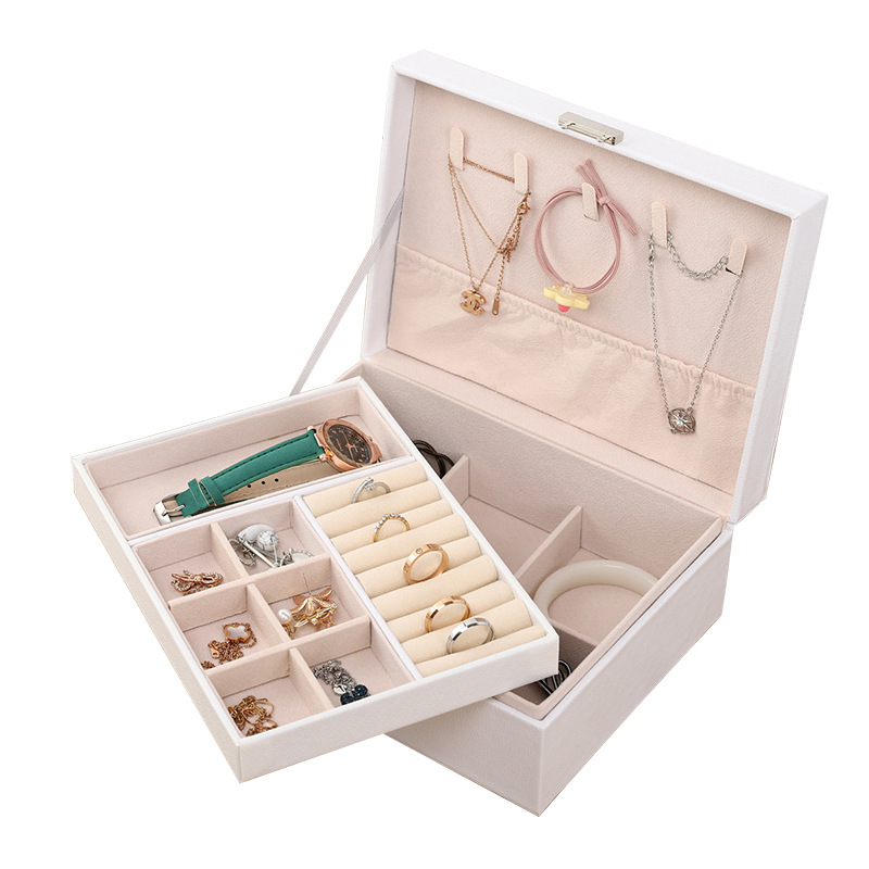 Picture of New simple double-layer large-capacity jewelry storage box with lock wooden PU leather jewelry earrings jewelry box wholesale