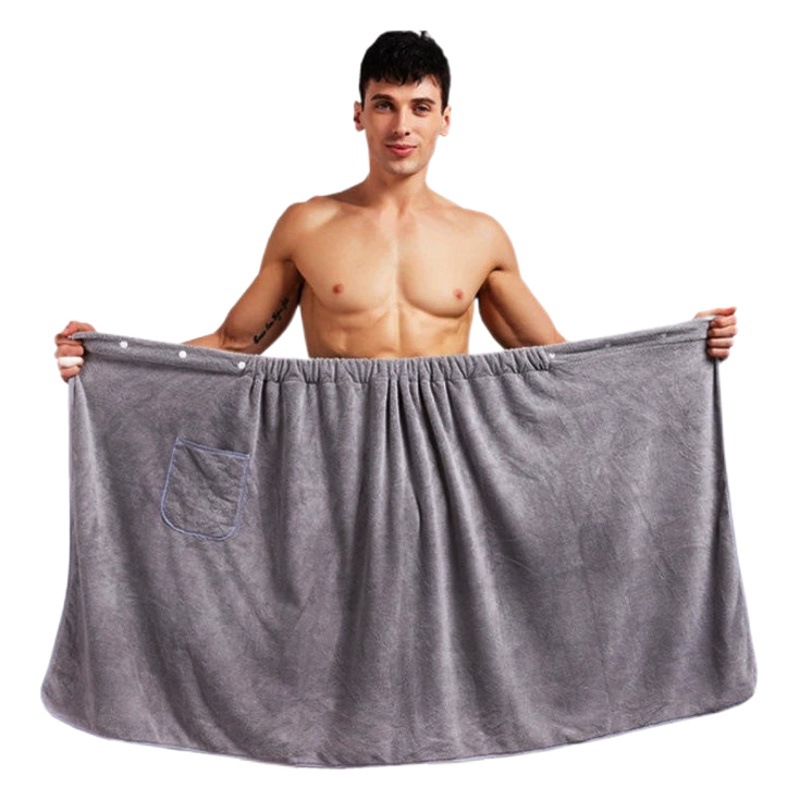 Coral fleece bath towel men's gray bathrobe embroidered logo changeable bath skirt button with pocket factory wholesale