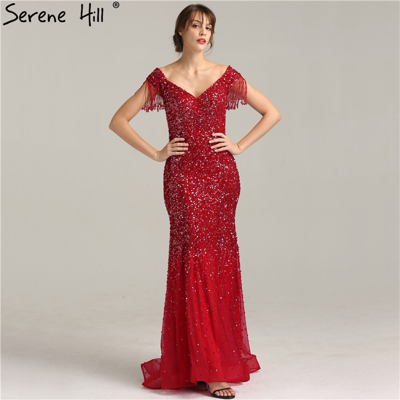 Red tassel luxury slim fishtail annual meeting host bride toast elegant long cross-border evening dress LA6233