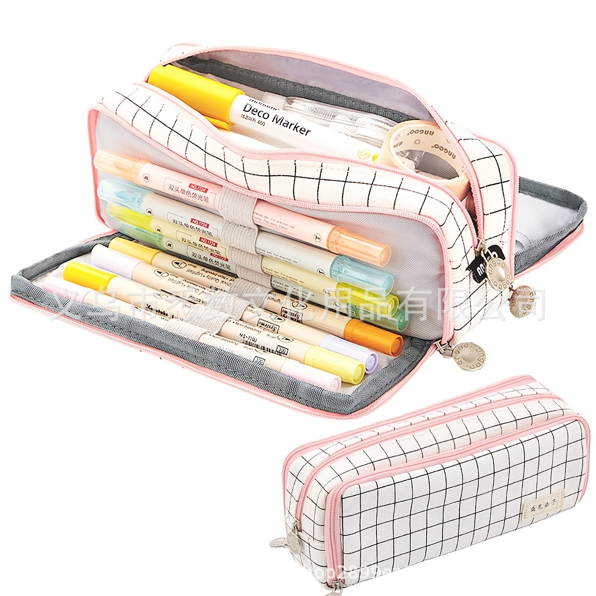 Picture of in stock Double Open Canvas Pencil Bag Wholesale Multi-layer Large Capacity Student Junior High School Student Pencil Case Multifunctional Simple Stationery Bag