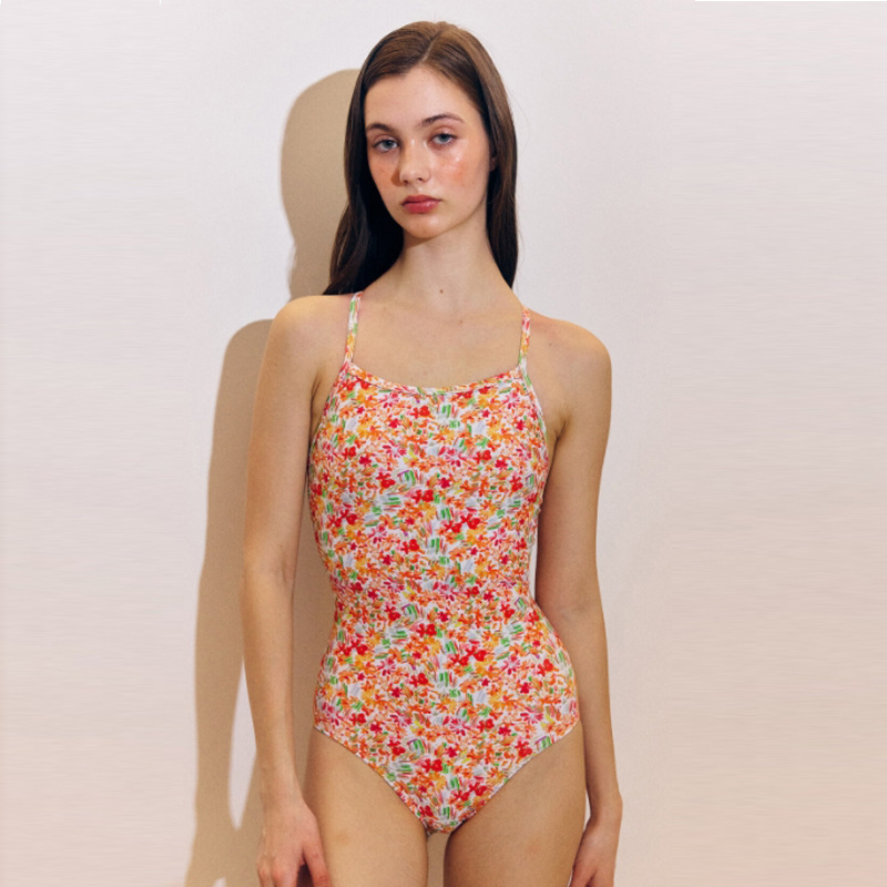 2025 New South Korea Senti Swimsuit Sexy Strap Beautiful Back Belly Covering Slim Floral Competing Competitive Swimsuit for Women