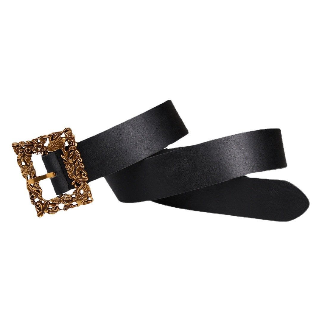 Cross-border in stock supply women's generous shape American gold vintage carved Japanese buckle belt elegant white-collar belt
