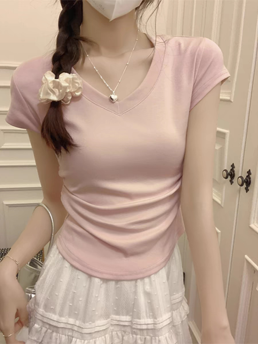 Sexy hot girls ins pure pleated V-neck short sleeve T-shirt irregular slim bottoming short sleeve T-shirt women's top wholesale