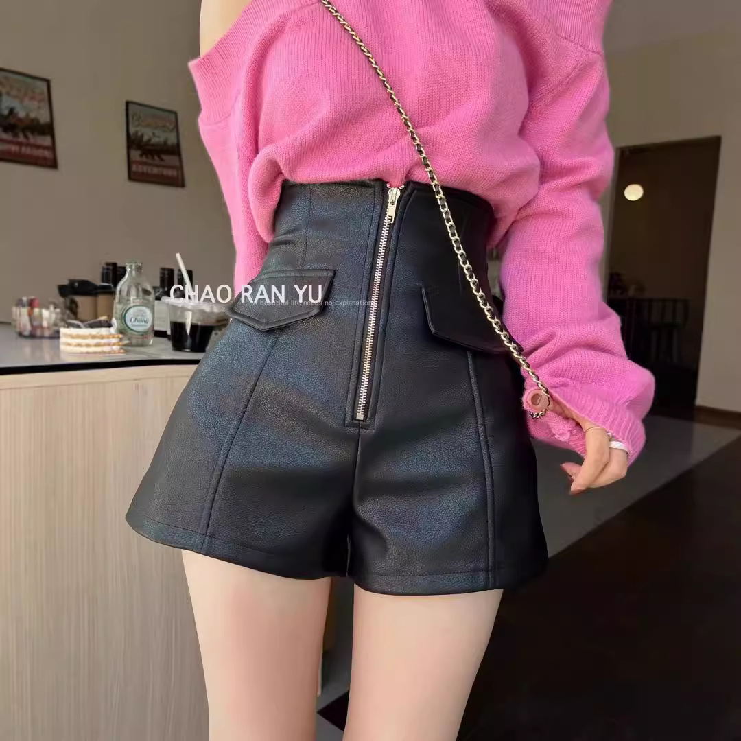 PU Leather Shorts Women's Autumn and Winter Outer Wear High Waist Slimming Boots Pants Fashionable Korean Style Elegant Leather Pants Zipper A- line Wide Leg Pants
