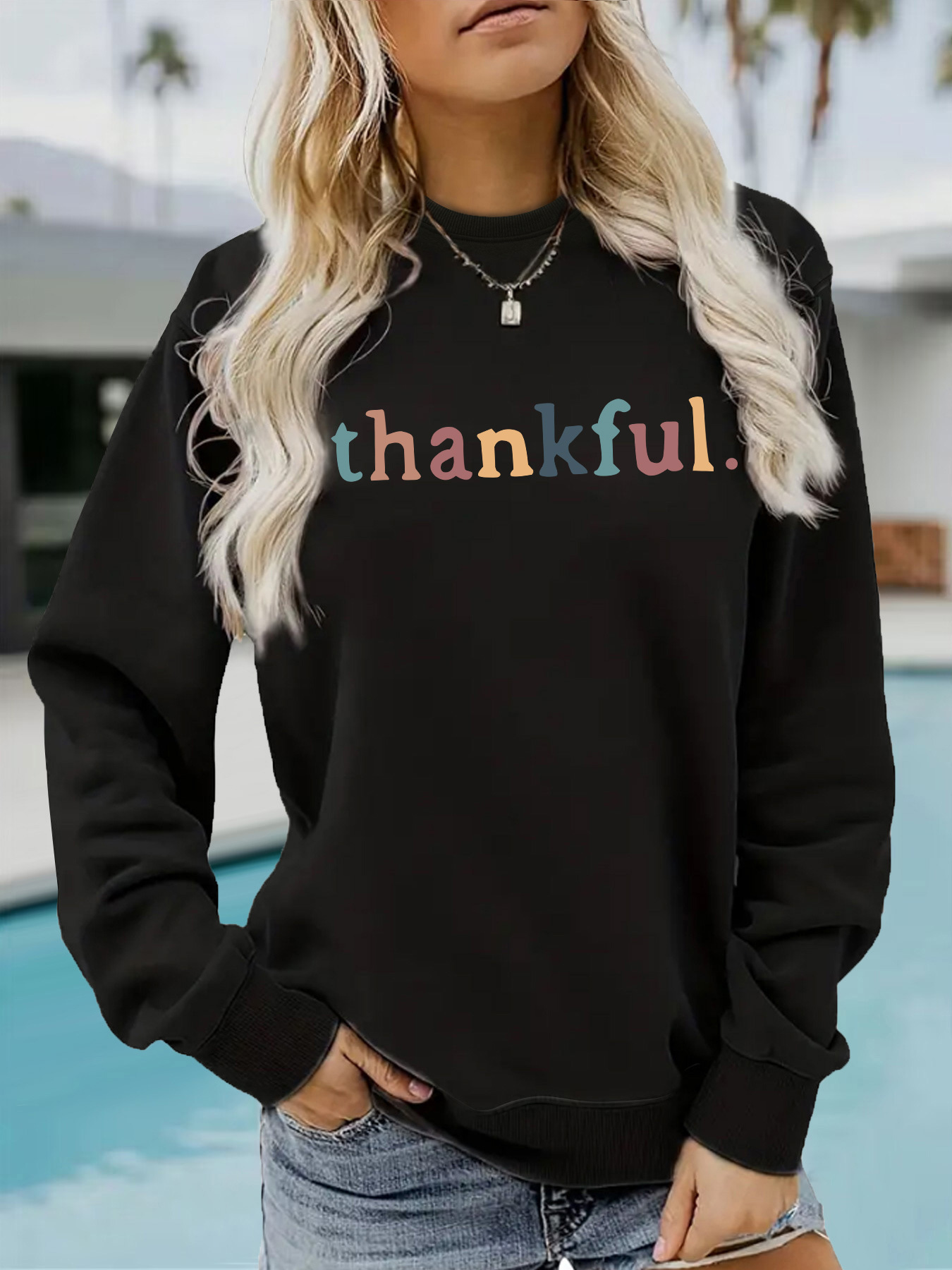 Picture of Europe and the United States cross-border autumn and winter women's casual long sleeve round neck thankfol printed pullover sweatshirt sweater wholesale
