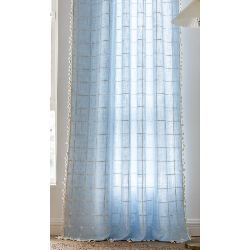 Picture of US Amazon New Cross-border Curtain Finished Decoration Living Room Bedroom Tassel Brown Square Plaid Short Curtain