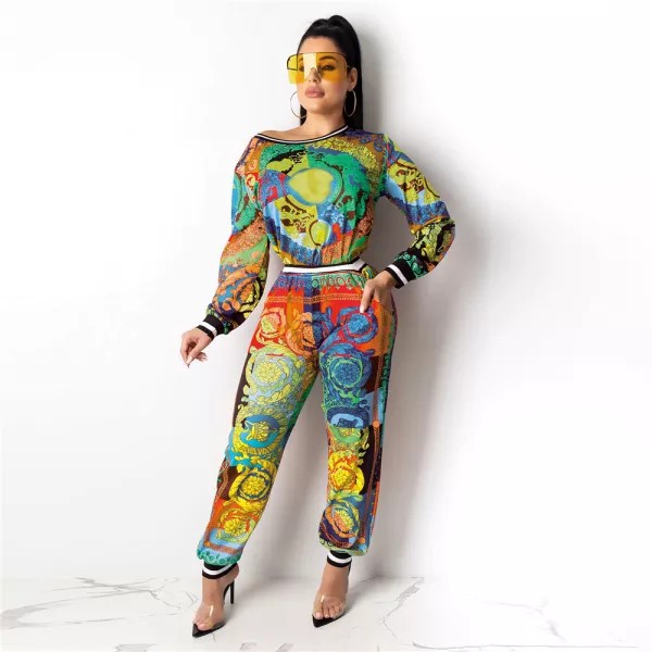 JY2099 Amazon New Women's Autumn and Winter Long Sleeve Printed European and American Loose Round Neck Jumpsuit