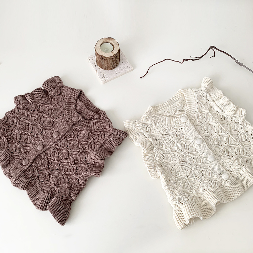 Picture of Cutemily Spring & Fall Cotton Baby Girl Cut Out Woolen Cardigan Vest Girl Baby Lotus Leaf Retro Short Vest