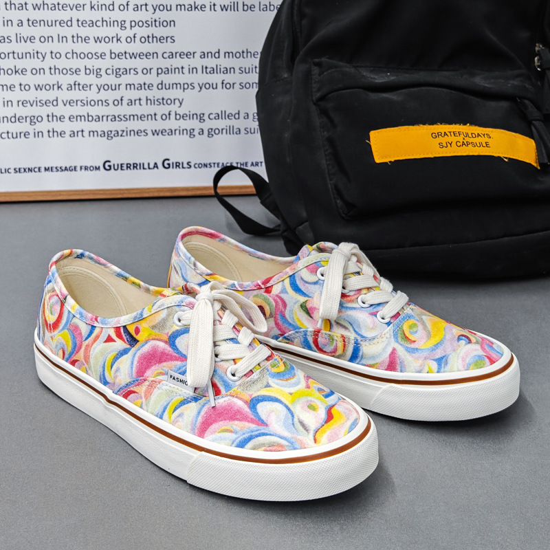 Summer New Canvas Shoes for Men, Korean Style Rainbow Graffiti Couple Sneakers, Trendy Ins Street Style Low-Top Cloth Shoes Wholesale