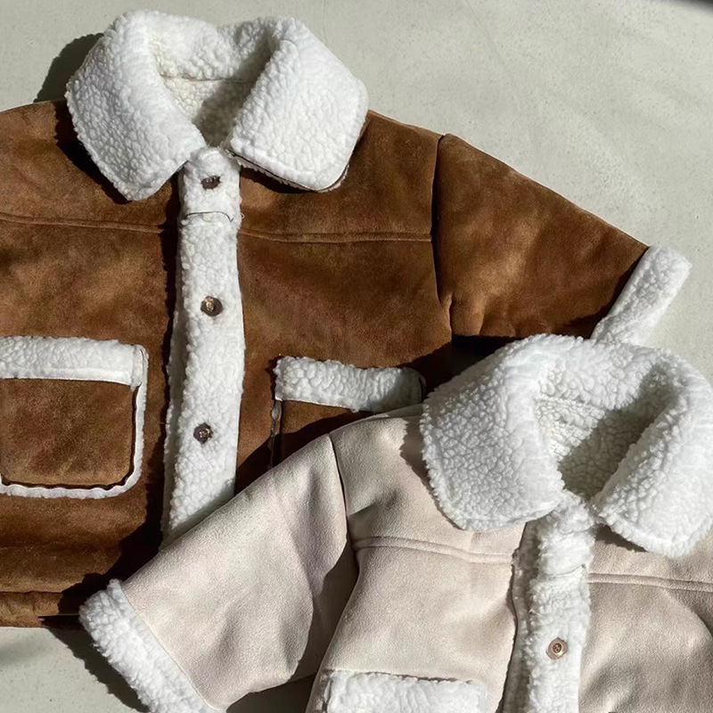 Picture of Korean Style Ins Children's Wear Winter New Color-block Cardigan fleece-lined Western Style Thickened Casual Lamb Wool Jacket for Boys and Girls