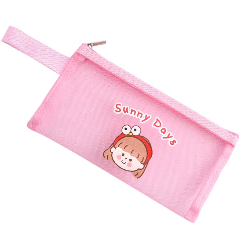 Cartoon Mesh Zipper Portable Pencil Case Student Ins Girly Heart Storage Learning Tweet Bag Large Capacity File Bag