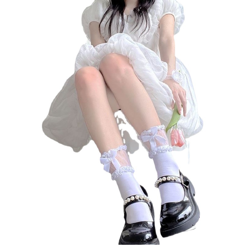 Socks Women's Mid-Socks Outwear Trendy ins Lace Mesh Lok Socks Design Sense Niche Mary Jane Crystal Socks