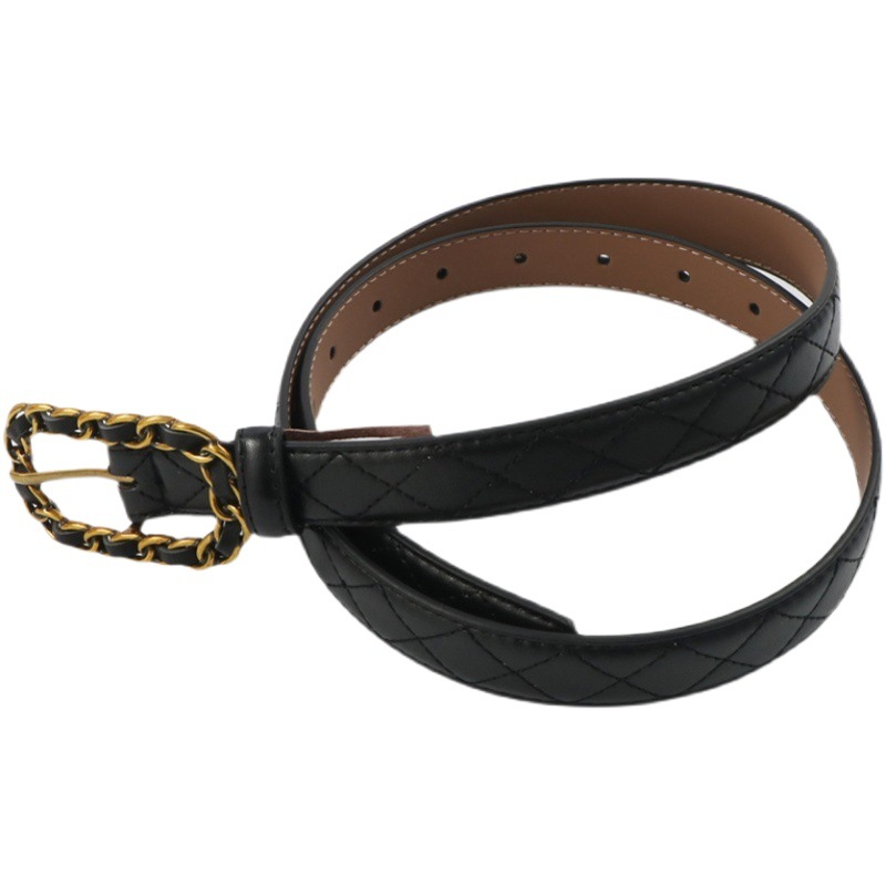 Da Hong Hong Same-style Chain Buckle Head Rhombic Genuine Leather Cowhide Candy Belt Decoration with Jeans Skirt Belt for Women
