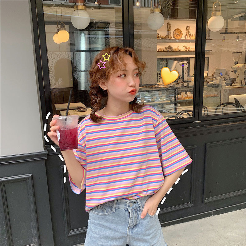 2021 Summer Korean Style New ins Internet Celebrity Hyun-tailed Rainbow Striped Top Loose All-match Short-sleeve T-shirt Women's Clothing