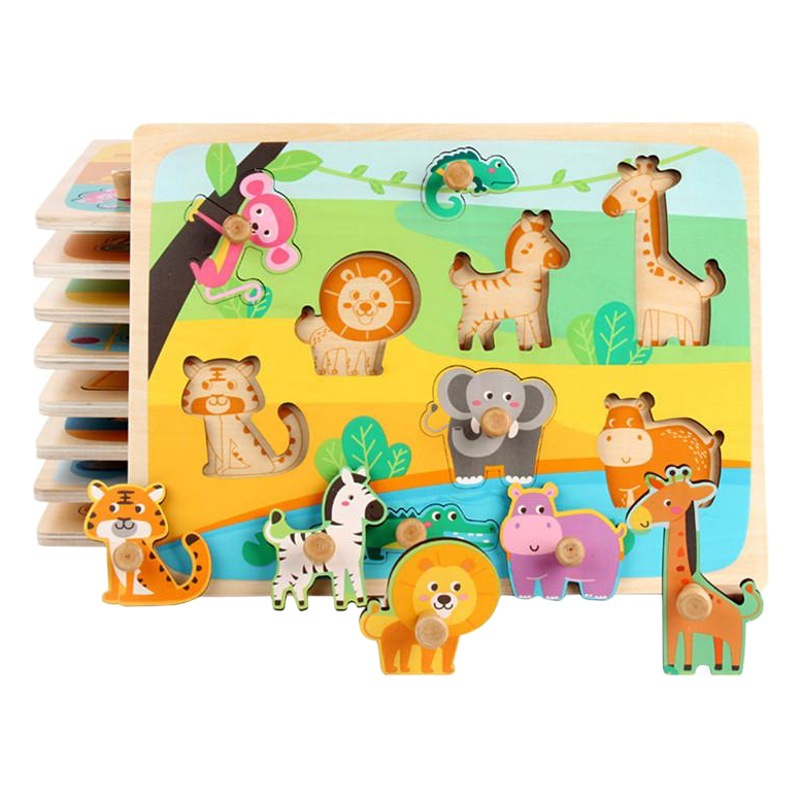Children's Puzzle Early Education Cartoon Animal Big Wooden Nail Hand-held Board Shape Matching Jigsaw Board Traffic Cognition Wooden Jigsaw Puzzle