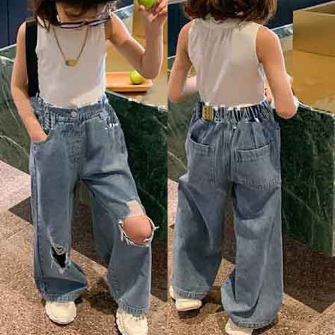 Girls' Pants with Unique Ripped Wide-Leg Jeans, Long Pants for Spring and Autumn 2025, New Foreign Trade Boys' and Children's Trendy Clothing