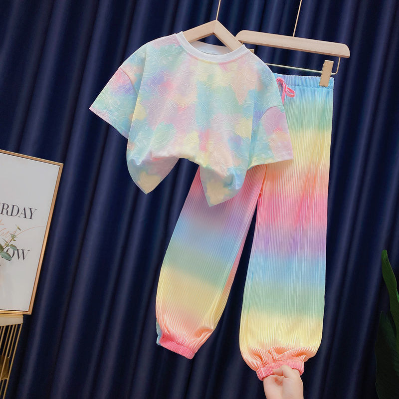 Wholesale Girls Rainbow Pants Children's Clothing 2025 New Summer Clothes Thin Loose Easiest for Match Two-Piece Trendy Set for Middle and Older Girls