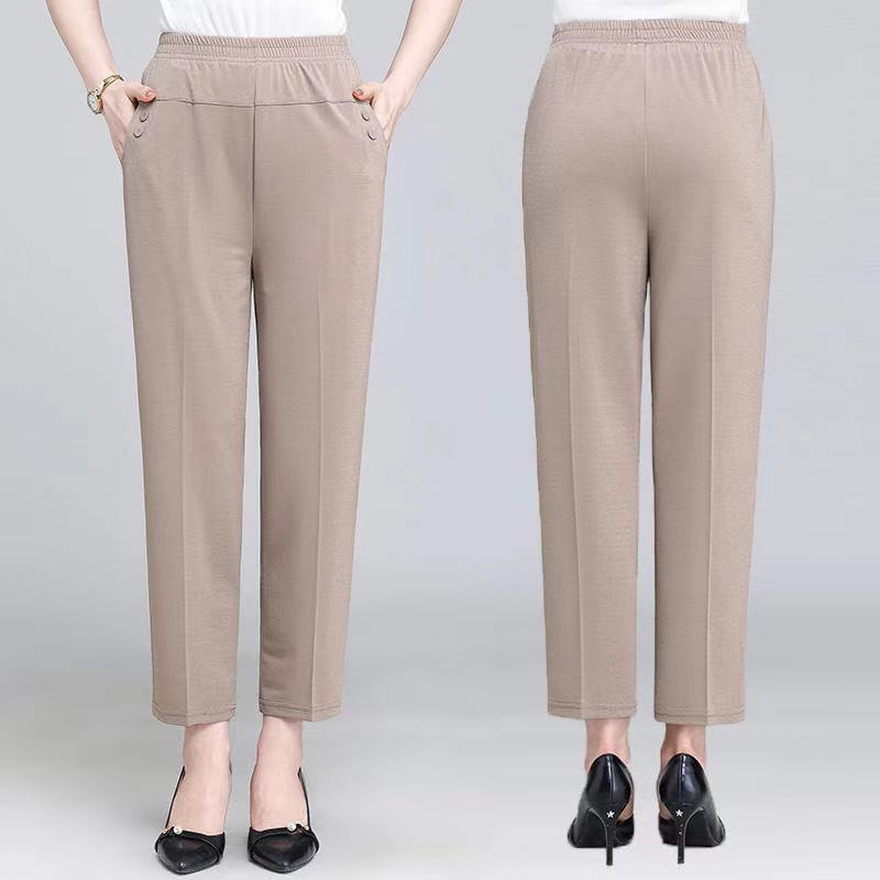 Picture of Middle-aged Summer Thin Elastic Waist Straight Outer Wear Base Long Pants High Waist Mom Pants Casual Pants