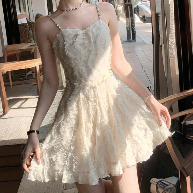 Picture of 2025 Summer New Style Temperament High-end Sense Diamond Chain Feather Sling dress Women's Waisted Slimming Travel Skirt