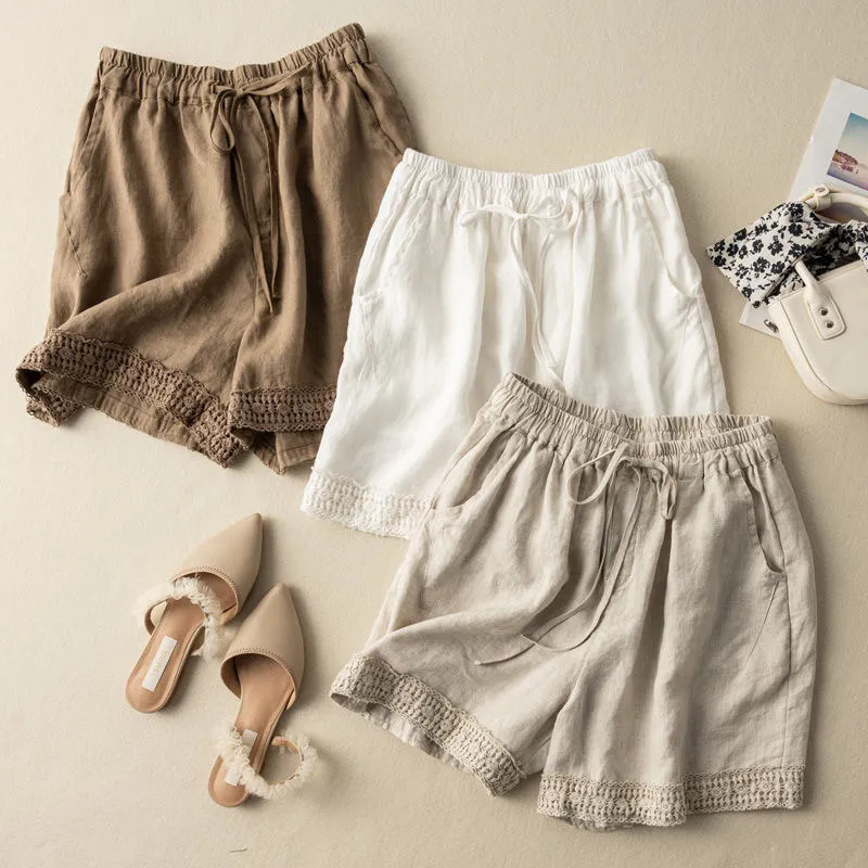 Women's Cotton Linen Shorts for Outer Wearing Summer Thin plus size Vintage Ethnic Style Casual Wide Leg Strap with Pocket Shorts