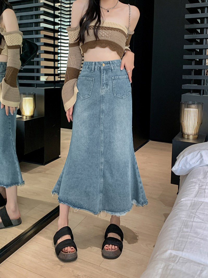 Vintage Denim Skirt Women's Spring 2024 New High Waist Covering Span Slimming Small Fishtail Mid-length Skirt