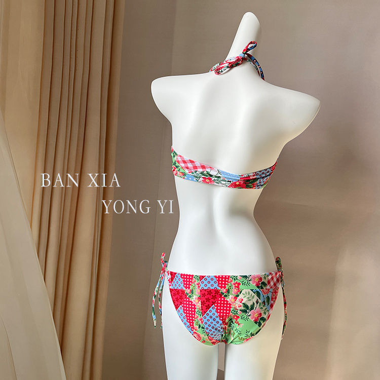 Picture of mosricci Pure Desire Red White Ethnic Print Bikini Split Swimsuit Women's Small Chest Tube Top Covered Skirt
