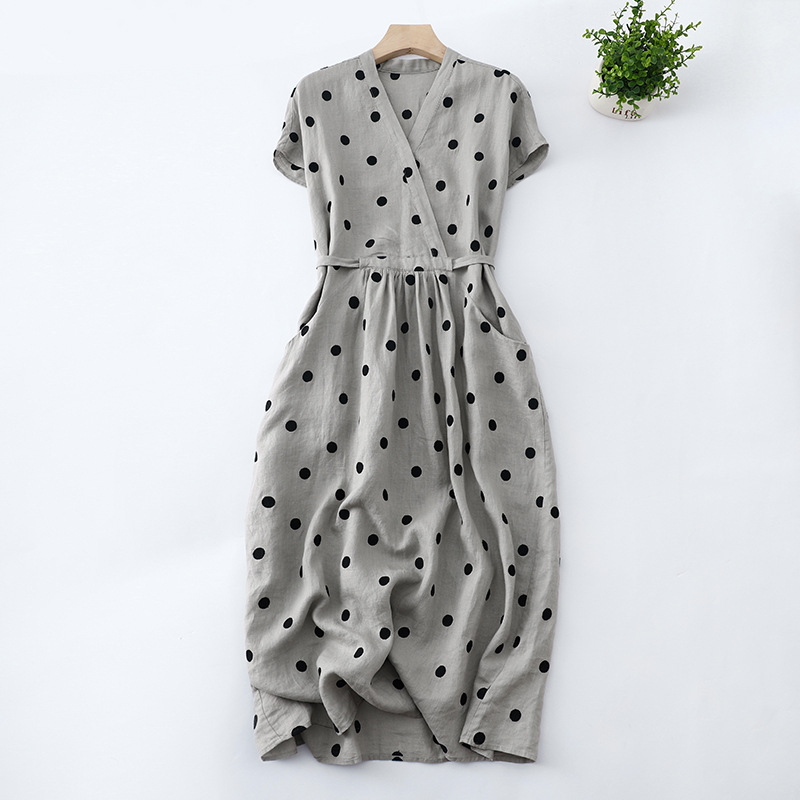 Summer 2024 French style artistic cotton and linen dress women's loose temperament V-neck short sleeve linen polka dot dress