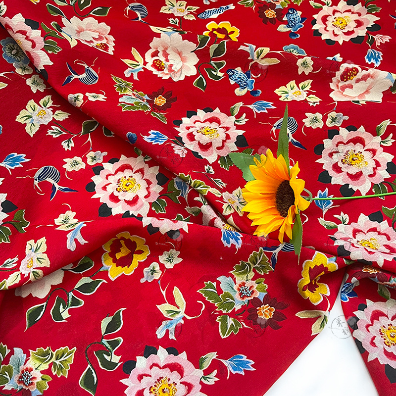 Red rhyme flower koi brocade cotton fabric new Chinese digital printed fabric cheongsam dress top Hanfu fabric
