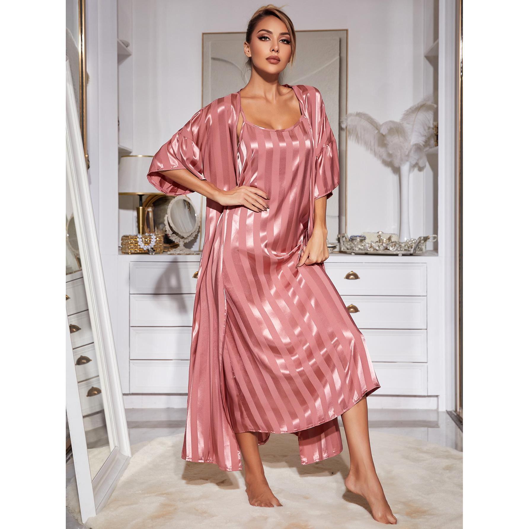Picture of Amazon Foreign Trade Suspender Pajamas Women's Simulated Silk Long Sleeve High-Quality Ice Silk Pajamas Home Clothes Set Independent Station