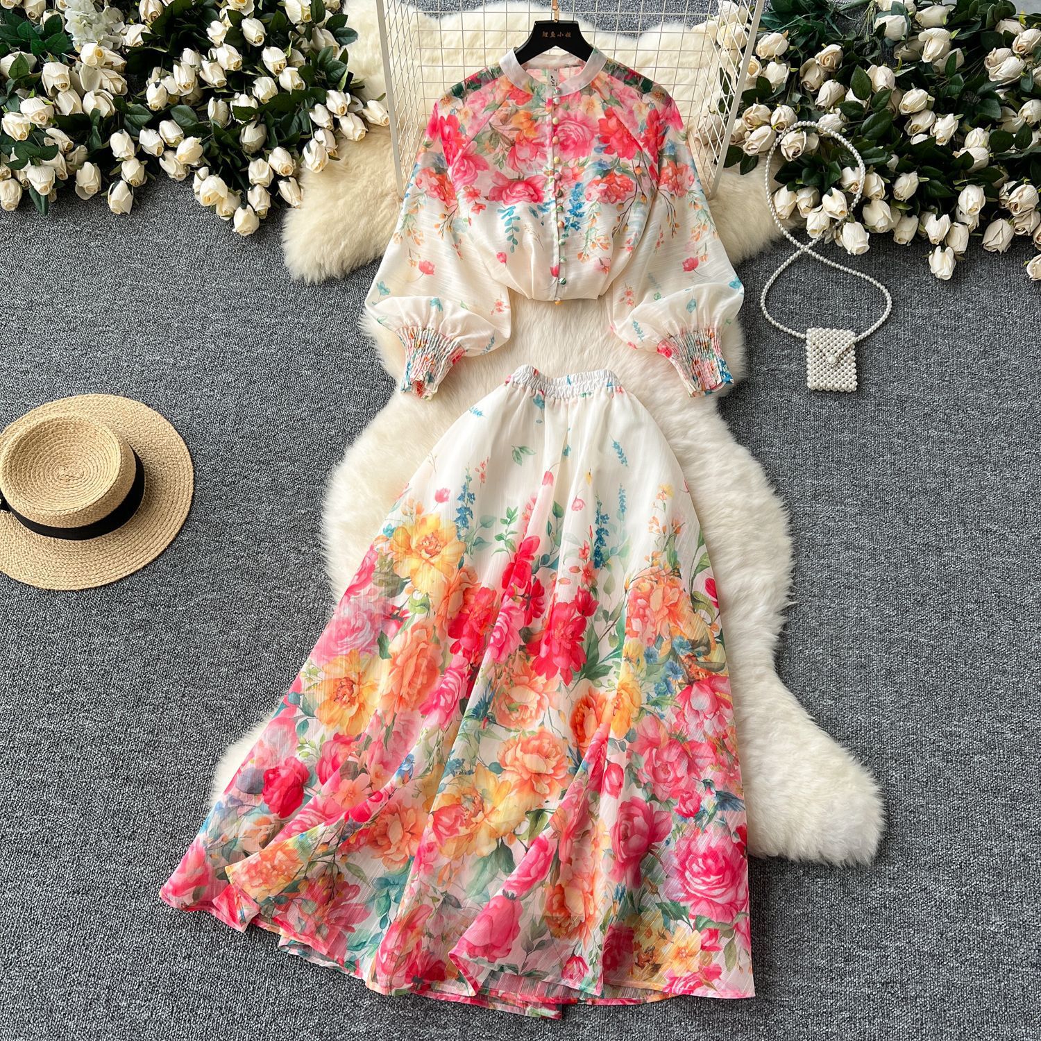 Cross-border European and American-style Two-piece Elegant Lantern Sleeve Buckle Slim Top High Waist Printed Mesh Skirt Set