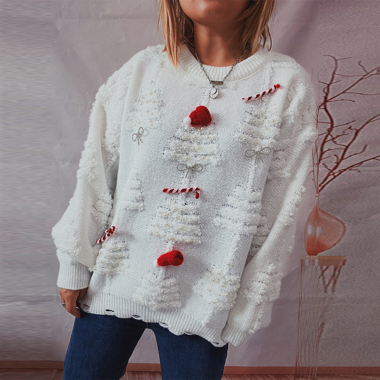 Picture of European and American cross-border Amazon Handmade Pearl Christmas theme sweater three-dimensional decoration New Year holiday sweater pullover