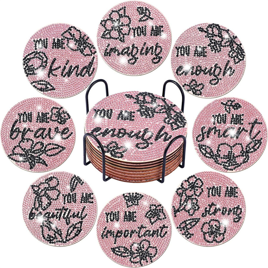 Amazon Best Selling 5D Handmade DIY Wooden Dot Diamond Insulated Anti-Slip Diamond Painting Valentine's Day Coaster with Stand