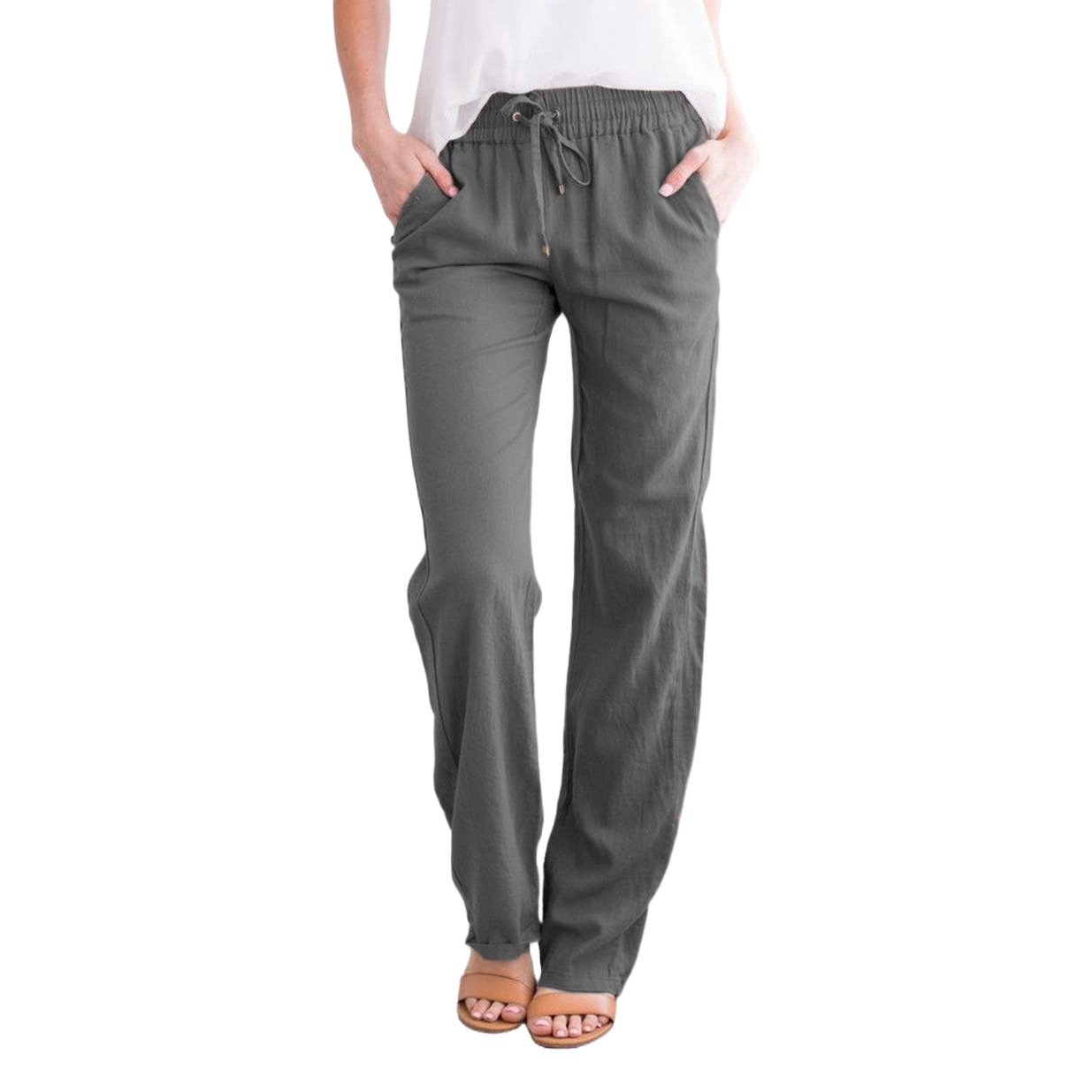 Picture of 2025 Cross-Border Ebay Amazon Wish Spring and Summer New Pure Color Cotton and Linen Loose Drawstring Casual Wide-Leg Pants for Women
