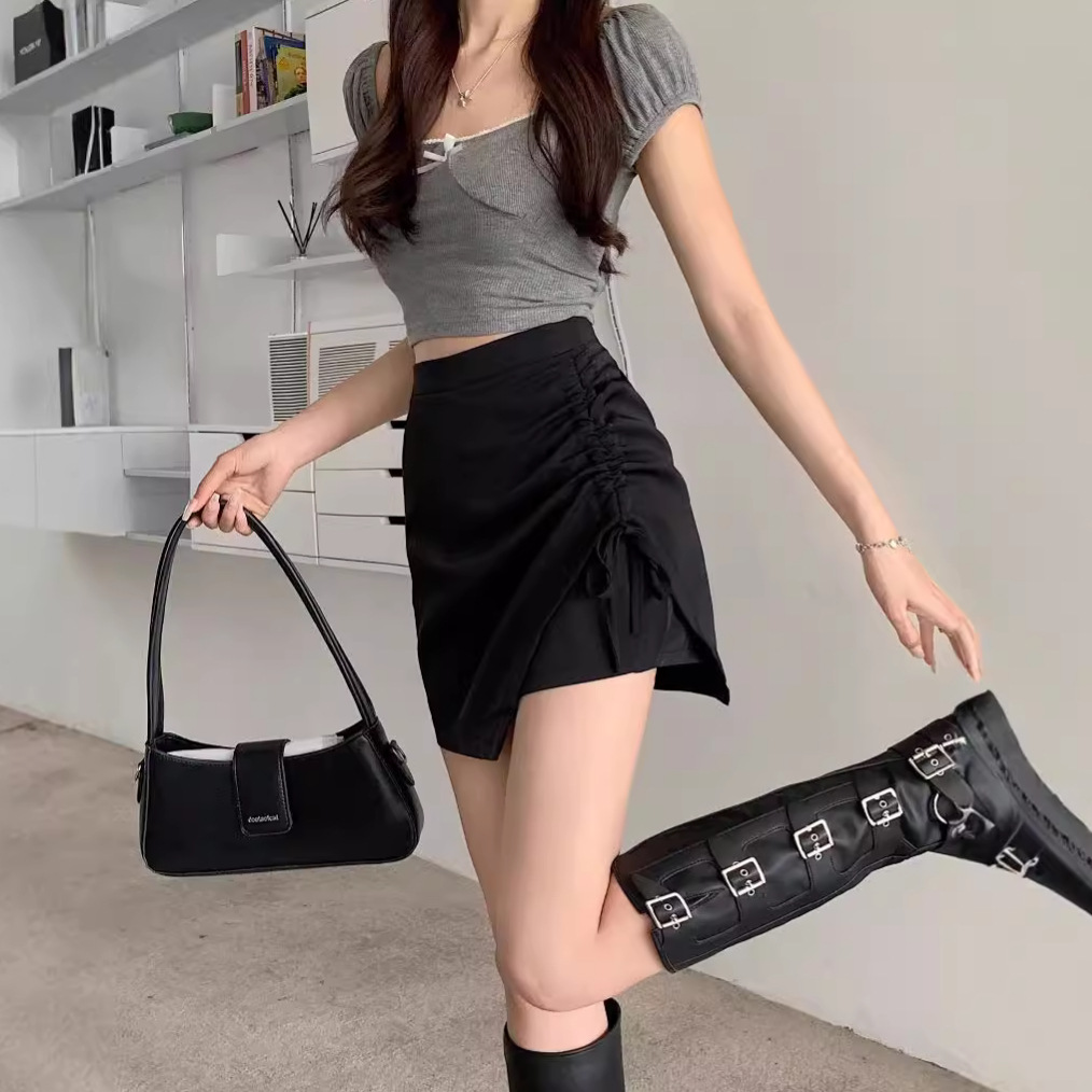 Short Skirt plus size Irregular Black Skirt Women's Summer Pear Shape Skirt chubby girl Design High Waist Slim Look