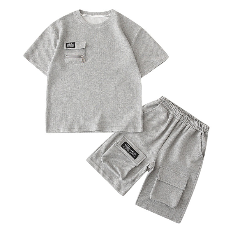 Boys Short-sleeved Suit 2023 New Summer Children's Waffle Casual Internet Celebrity Big Children's Summer Two-piece Suit