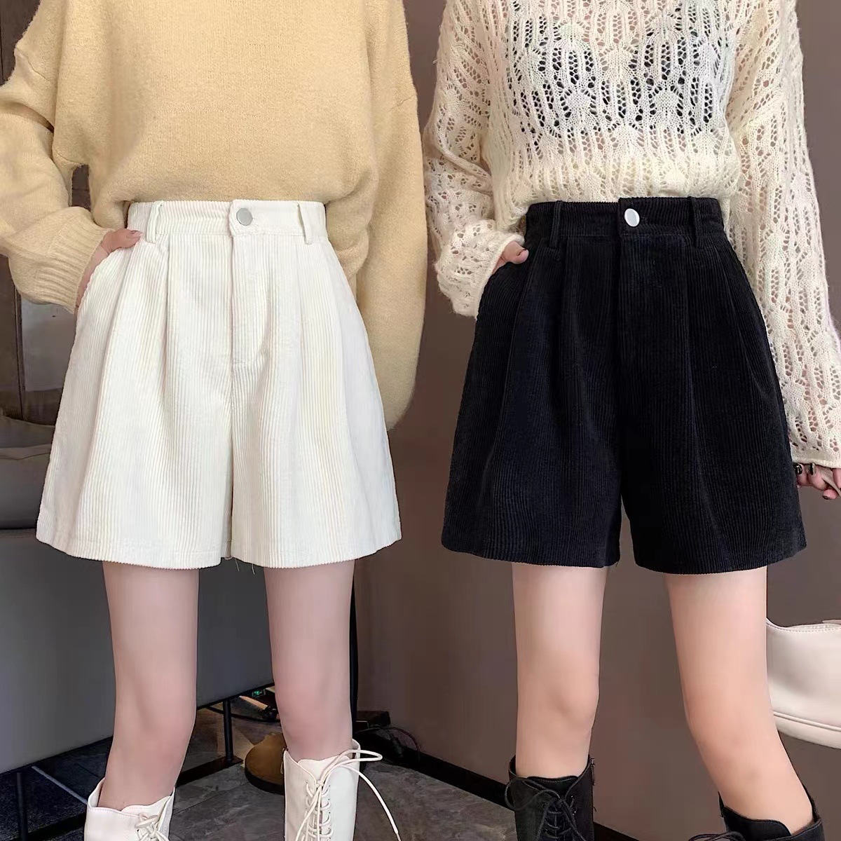 Corduroy shorts for women 2023 new autumn Brown high waist A- line wide leg pants casual small cropped pants