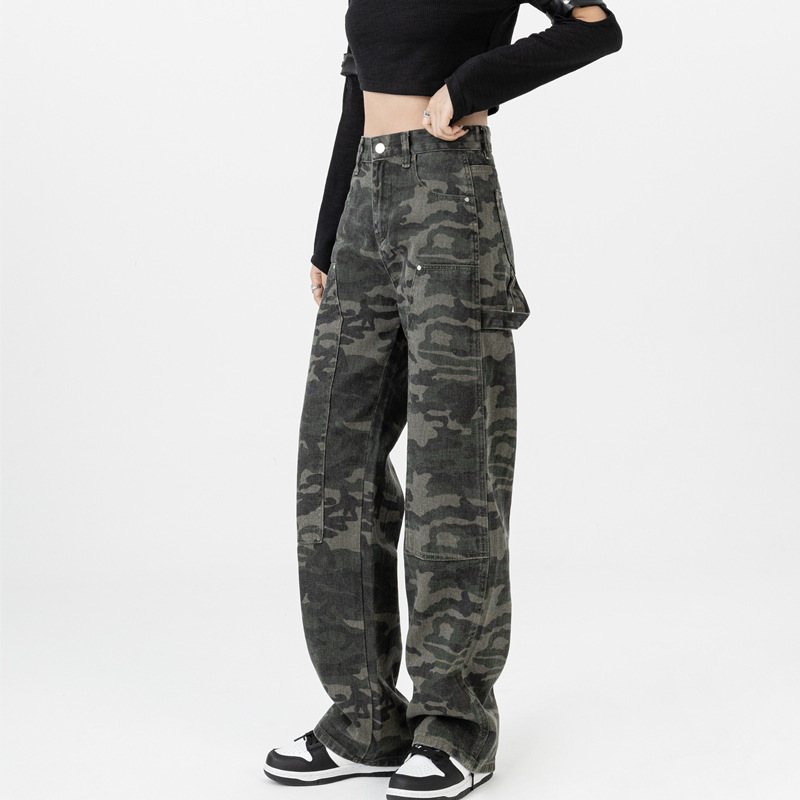 American Style High Street Tooling Loose Straight Tube Camouflage Jeans Women's High Waist All-match Spice Girls Casual Wide Leg Pants