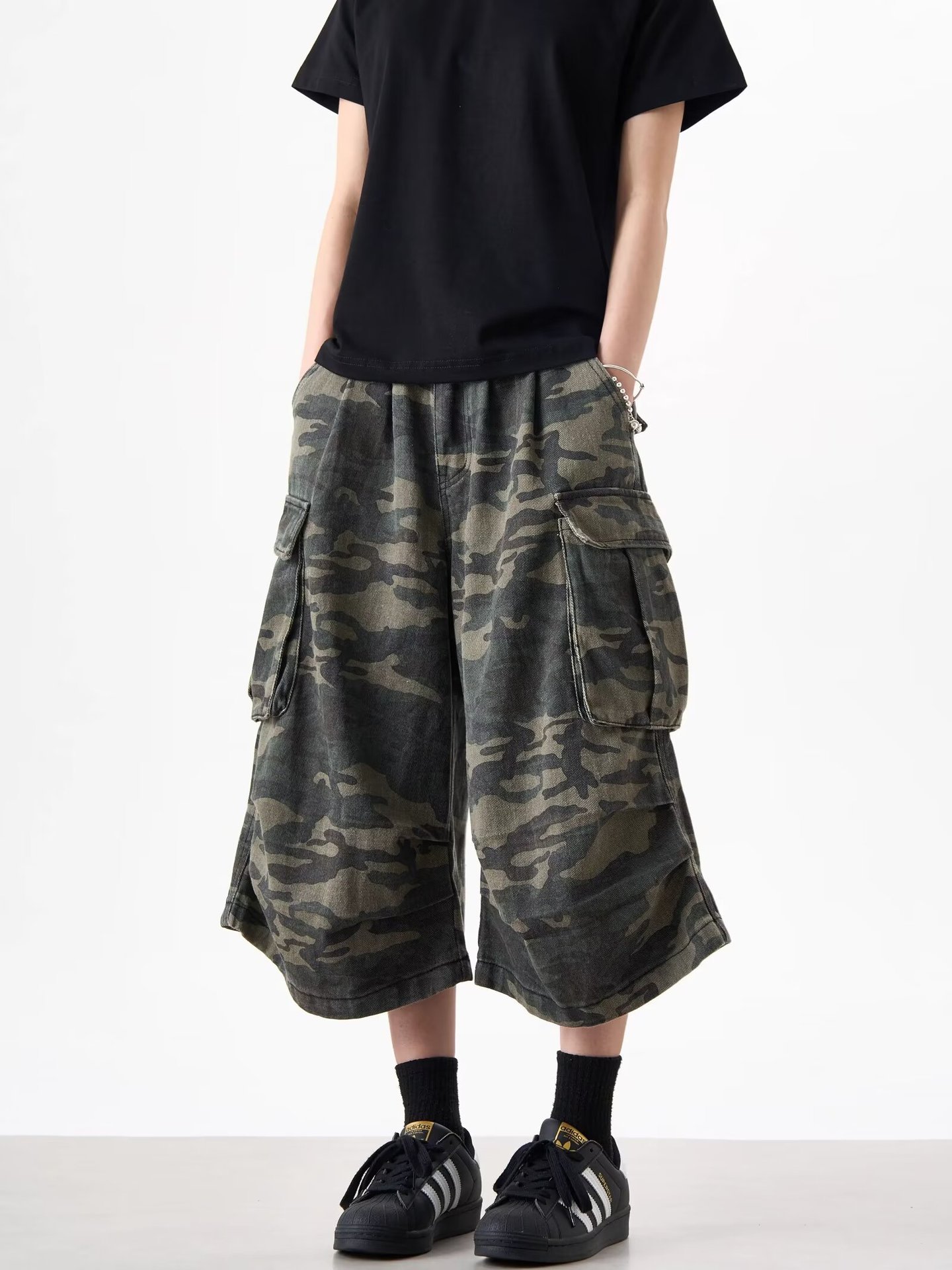American Style Retro Trendy Brand Camouflage Workwear Capri Pants for Men and Women 2024 Summer Loose Casual All-match Wide-leg Jeans
