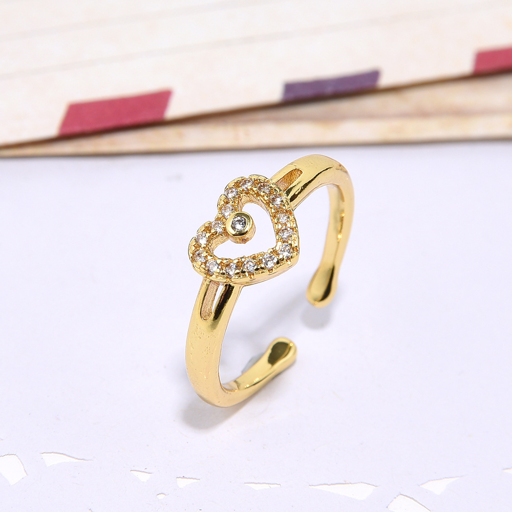 Picture of 4 Copper Set Zircon Activity Loving Heart Open Female Ring Pet Cat Fish Bone Loose Mouth Finger Ring Gold Color Preservation Jewelry
