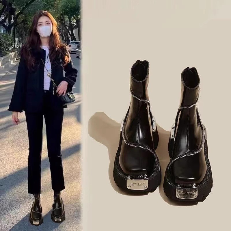Thick-soled Martin Boots Women's Autumn and Winter New British Style Chelsea Fashion Trendy Boots Retro Metal Functional Ankle Boots