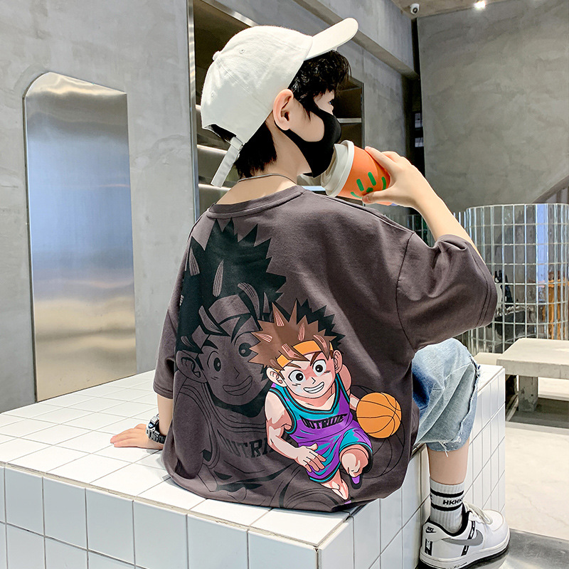 Children's Clothing Boys Summer Short-sleeved T-shirt New Loose Cartoon Printed Children and Boys Summer Fashionable Clothing Big Boy Handsome