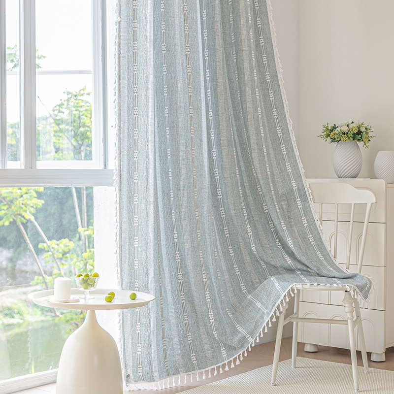 Picture of Cross-border exclusive for Nordic cotton and linen curtains multi-color solid color cotton and linen yarn semi-transparent bedroom living room floor curtains with yarn