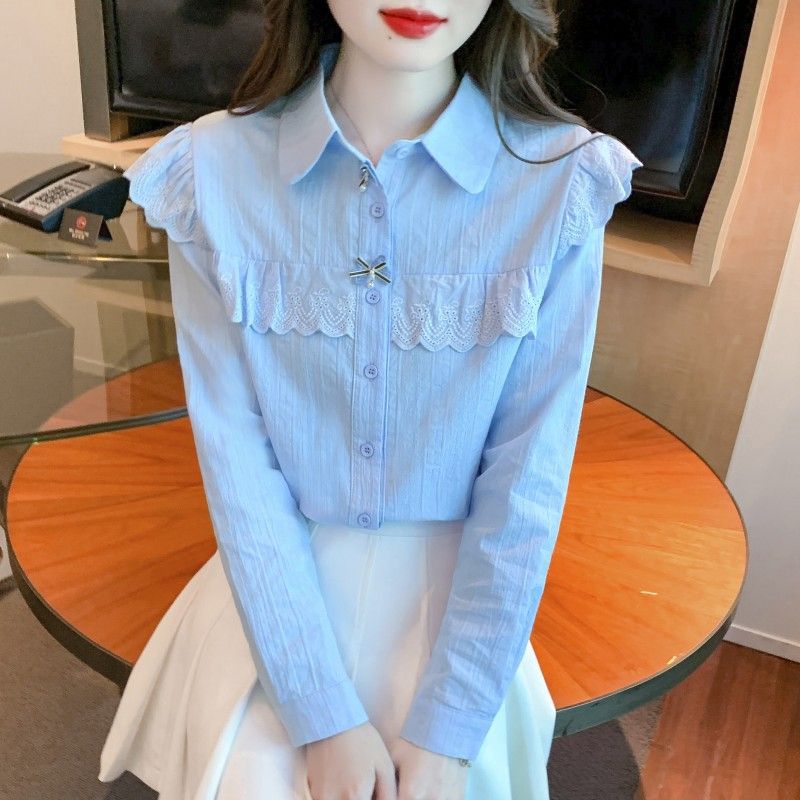 Autumn 2024 new women's shirt cotton shirt Women's Western style cotton design sense niche long sleeve lace top